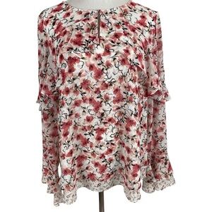 White House Black Market Womens Blouse Size 16 Calico Ruffle Floral Keyhole Neck